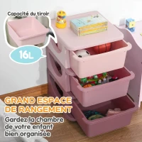HOMCOM Organisateur de jouets pour enfants avec tiroirs à 3 niveaux, boîtes de rangement en plastique, 37 x 37 x 56,5 cm, rose(m-4)