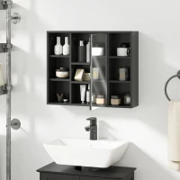 HOMCOM Meuble salle de bain avec miroir, placard à portes et 6 compartiments ouverts, 60 x 14,5 x 49,4 cm, noir(m-11)
