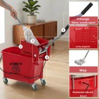 HOMCOM Găleată de mop cu stoarcător, panou separator și roți, capacitate 20 L pentru curățenie casnică 45x26,5x70 cm roșu(m-4)