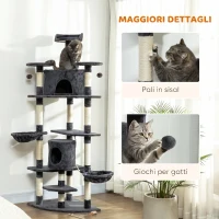 PawHut Albero Tiragraffi per Gatti Alto con Casette e Amache, 60x60x200cm, Grigio Scuro(m-5)