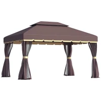 Outsunny Gazebo da Giardino 3x4m con Doppio Tetto, Zanzariera e Tende, Alluminio e Poliestere, Color Caffè(m-1)