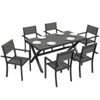 Outsunny Ensemble de Salle à Manger Extérieur 7 Pièces pour 6 Personnes, Table et Chaises Empilables avec Lattes Effet Bois, Cadre en Aluminium, Gris(m-12)