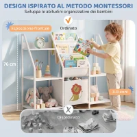 AIYAPLAY Libreria Montessoriana per Bambini 3-8 Anni con 3 Ripiani in Tessuto, Scomparti in Legno e Cassetto, Bianco(m-5)