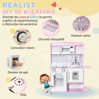 HOMCOM Bucătărie de Jucărie pentru Copii, cu Lumini și Sunete, Dozator Apă, Chiuvetă și Accesorii, MDF, PP, Roz(m-4)