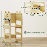 AIYAPLAY Torre de Aprendizaje 3 en 1 Plegable Convertible en Escritorio y Silla con Pizarra Dibujos de Gatos Natural(m-3)