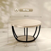 HOMCOM Mesa de Centro Redonda para Sala com Prateleira e Estrutura Metálica 80x80x43,8 cm Carvalho(m-3)