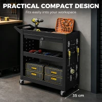 HOMCOM Tool Cart with Lockable Wheels, Rolling Workshop Cart with 3-Tier Trays, Drawer, Pegboards, Black(m-7)