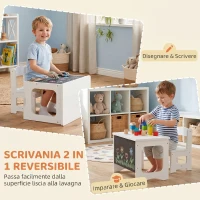 AIYAPLAY Set Tavolo e Sedia per Bambini 3-6 Anni in Legno con Piano Reversibile, Angoli Arrotondati, Bianco(m-4)