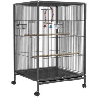 PawHut Jaula para Pájaros con Ruedas con Comederos Perchas Columpio Estante y Bandeja Extraíble 48x46x78 cm Gris(m-1)