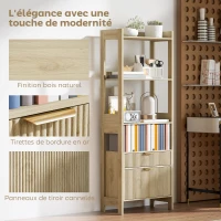 HOMCOM Bibliothèque haute, meuble de rangement avec 4 étagères ouvertes et 2 tiroirs cannelés, 60 x 30 x 160 cm, bois naturel(m-4)