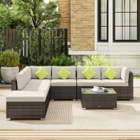 Outsunny 8 Piece Rattan Corner Sofa Set with Wide & Deep Seat, Assembled Aluminium PE Rattan Garden Furniture Set with Thick Cushions and Glass Top Table for Outdoor, Conservatory, Mixed Brown(m-8)