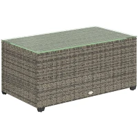 Outsunny Table basse de jardin, table d'appoint en résine tressée avec plateau en verre trempé, 90 x 50 x 38 cm, gris foncé(m-1)
