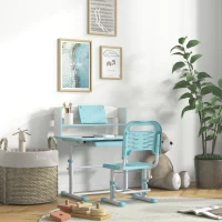 ZONEKIZ Set Scrivania per Bambini con Sedia Regolabile in Altezza e Piano Inclinabile, Età 6-12 Anni, Blu(m-10)