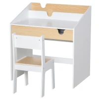 HOMCOM Set Scrivania e Sedia per Bambini con Cassetto e Scaffale, Bordi Arrotondati, Età 6-10 Anni, Bianco e Legno(m-1)