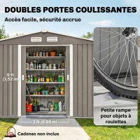 Outsunny Abri de jardin 5,4 m² 2,77 x 1,95 x 1,92 m kit de fondation porte coulissante ventilations acier galvanisé, gris(m-5)