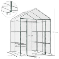 Outsunny Walk in Greenhouse with 3-Tier 8 Shelves, Green House with Hemmed Cover, Roll-up Zipped Door, Steel Frame, 143 x 143 x 195cm(m-3)