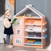 HOMCOM Armadio Cameretta, Mobile Portagiochi con 4 Contenitori, 3 Armadietti e Mensole in PE Arancione, 128x34x155cm(m-2)