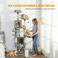 PawHut Árvore Arranhadora para Gatos 192 cm com 3 Camas, 2 Casinhas e 2 Redes, Cinzento-claro(m-4)