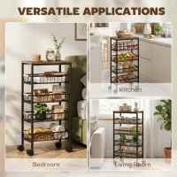 HOMCOM Metal Kitchen Trolley, 4-Tier Storage Trolley with Pull-Out Baskets and 4 Swivel Casters for Kitchen, Rustic Brown(m-7)
