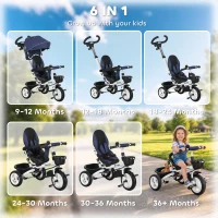 HOMCOM Metal Frame 6 in 1 Baby Push Tricycle with Parent Handle for 1-5 Years Old, Dark Blue(m-4)