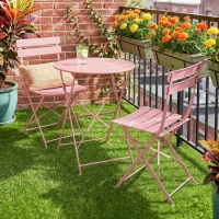 Outsunny Ensemble Bistrot de Jardin 3 Pièces Table et 2 Chaises Pliantes à Lattes Double Protection Antirouille Rose(m-11)