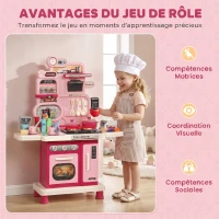 AIYAPLAY Cuisine pour Enfants Interactive, 33 Accessoires, avec Sons, Lumières, Rangement, 3-6 Ans, 67x25x87cm, Rose(m-6)