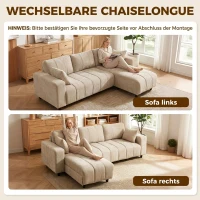 HOMCOM L-förmiges Ecksofa mit flexibler Chaiselongue, 3-Sitzer-Couch mit 2 Kissen, Metallrahmen, für Wohnzimmer, Beige(m-4)