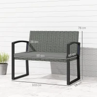 Outsunny Banc de jardin 2 places, banc d'extérieur en résine tressée PE avec coussin, acier galvanisé, 103x58x78cm, gris et noir(m-3)