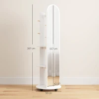 HOMCOM 2-in-1 Full Length Mirror with Storage Shelves, Floor Mirror with 4 Wheels, Coat Rack, Hooks, White(m-3)