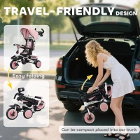 AIYAPLAY Tricycle bébé évolutif 6 en 1, tricycle enfant pliable avec poignée parentale réglable, siège pivotant 360°, rose(m-8)