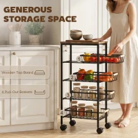HOMCOM Metal Kitchen Trolley, 4-Tier Storage Trolley with Pull-Out Baskets and 4 Swivel Casters for Kitchen, Rustic Brown(m-5)