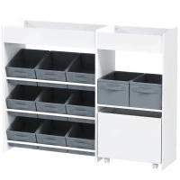 AIYAPLAY Mobile Portagiochi per Bambini con 11 Cestini in Tessuto, Armadietto e Ripiani, 105x30x80 cm, Bianco(m-11)