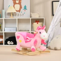 HOMCOM Cavallo a Dondolo Unicorno con 32 Canzoni, Base in Legno e Cintura di Sicurezza, Età 18-36 Mesi, Rosa(m-10)