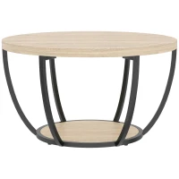 HOMCOM Mesa de Centro Redonda para Sala com Prateleira e Estrutura Metálica 80x80x43,8 cm Carvalho(m-1)