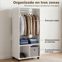 HOMCOM Armario Abierto con Ruedas Barra y Estantes para tener Ropa Colgada y Doblada 60x40x128 cm Blanco(m-4)