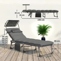 Outsunny Lot de 2 transats pliants avec pare-soleil, chaises longues inclinables avec coussin, poche latérale et poignée de transport, gris foncé(m-3)