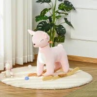 HOMCOM Caballito Balancín Forma de Ciervo para Niños de +3 Años Balancín Mecedora de Felpa con Sonidos y Base de Madera 68x35,5x64 cm Rosa(m-10)