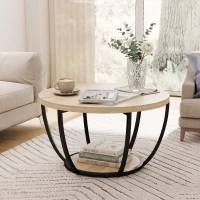 HOMCOM Mesa de Centro Mesa de Café Redonda para Salón con Estante de Almacenaje y Marco de Metal 80x80x43,8 cm Roble(m-10)