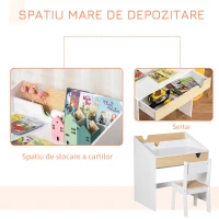 HOMCOM Set Birou și Scaun pentru Copii cu Sertar și Raft, Margini Rotunjite, Vârsta 6-10 Ani, Alb și Lemn(m-6)