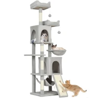 PawHut Arbre à chat tour de jeux pour chat 3 platesformes 2 niches 2 lits 2 hamacs 1 échelle hauteur 177 cm gris clair(m-11)
