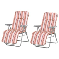 Outsunny Conjunto de 2 Espreguiçadeiras Dobráveis de Jardim com Almofada Acolchoada, Encosto Ajustável em 5 Posições, Apoio para os Pés e Estrutura de Aço, 60x75x65-102 cm, Listas Laranja(m-11)