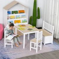HOMCOM Ensemble de table et chaises enfant - set de 4 pièces - table, 2 chaises, banc coffre 2 en 1 - MDF pin blanc bois clair(m-10)