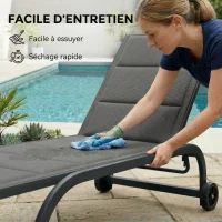 Outsunny Bain de Soleil en Aluminium, Dossier Réglable 6 Positions avec Roues, Rembourrage Intégré, 62x165x94cm, Gris Foncé(m-8)
