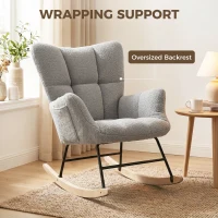 HOMCOM Rocking Chair, Teddy Fleece Rocker Chair with Tufted Wingback, Side Pockets, Rubber Wood Legs, Light Grey(m-5)