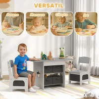 AIYAPLAY Set Masă și Scaune pentru Copii 3-8 Ani cu 6 Sertare și Margini Rotunjite, din Lemn și Țesătură, Gri și Alb(m-4)