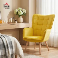 HOMCOM Modern Accent Chair Velvet-Touch Tufted Wingback Armchair Upholstered Leisure Lounge Sofa Club Chair with Wood Legs, Yellow(m-11)