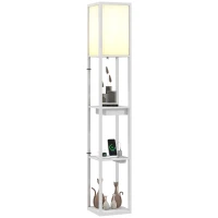 HOMCOM Stehlampe mit 3-stufigem Regal, Fußschalter, USB-Anschlüssen, MDF, Weiß(m-11)