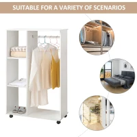 HOMCOM Open Wardrobe on Wheels, Bedroom Wardrobe with Clothes Hanging Rail, 3 Storage Shelves, Mobile Garment Rack for Cloakroom, Hallway, White(m-6)