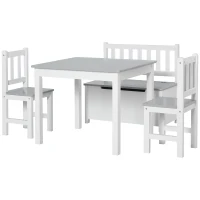HOMCOM Conjunto Infantil de Mesa 2 Cadeiras e Banco com Armazenamento Móveis Infantil para Sala de Jogos  Branco e Cinza(m-11)