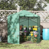 Outsunny Hexagon Walk In Greenhouse with Shelves, Outdoor Green House Grow House with Waterproof PE Cover and Roll-up Door, 228 x 196 x 215 cm, Green(m-2)